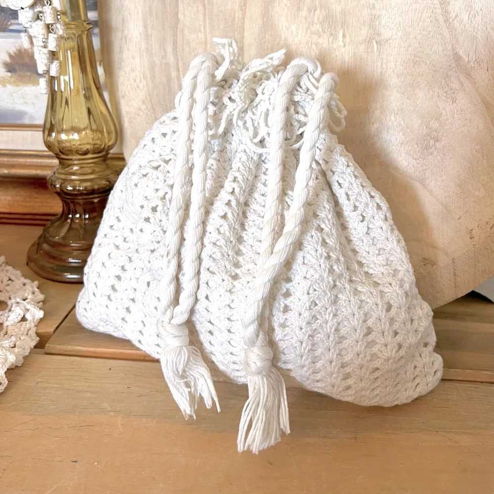 Vintage Handmade Crochet Doily Rope Cinched Festival Hippie Prairie Bag
